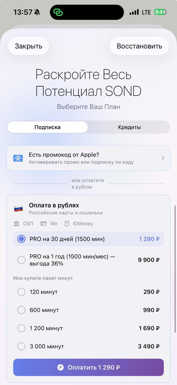 Экран оплаты в рублях внутри SOND — СБП, Mir, ЮMoney